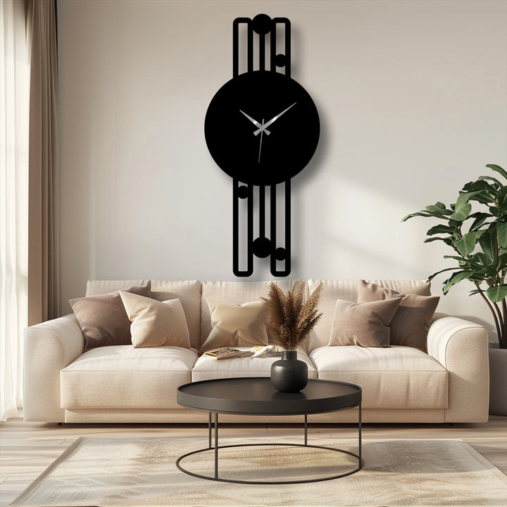 Exhibiting the abstract quality of the vertical metal wall decor, the clock's geometric frame creates a minimalist yet striking focal point in any modern interior.