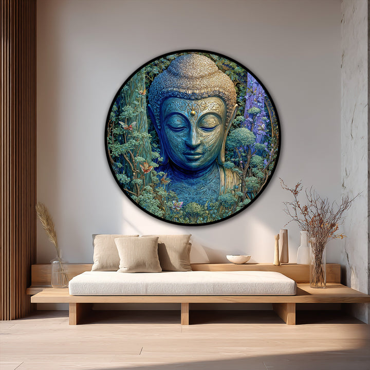 Visual rhythm flows throughout this round forest tranquility, emerald Buddha oil painting art piece, where the repeating patterns create a sense of serenity.