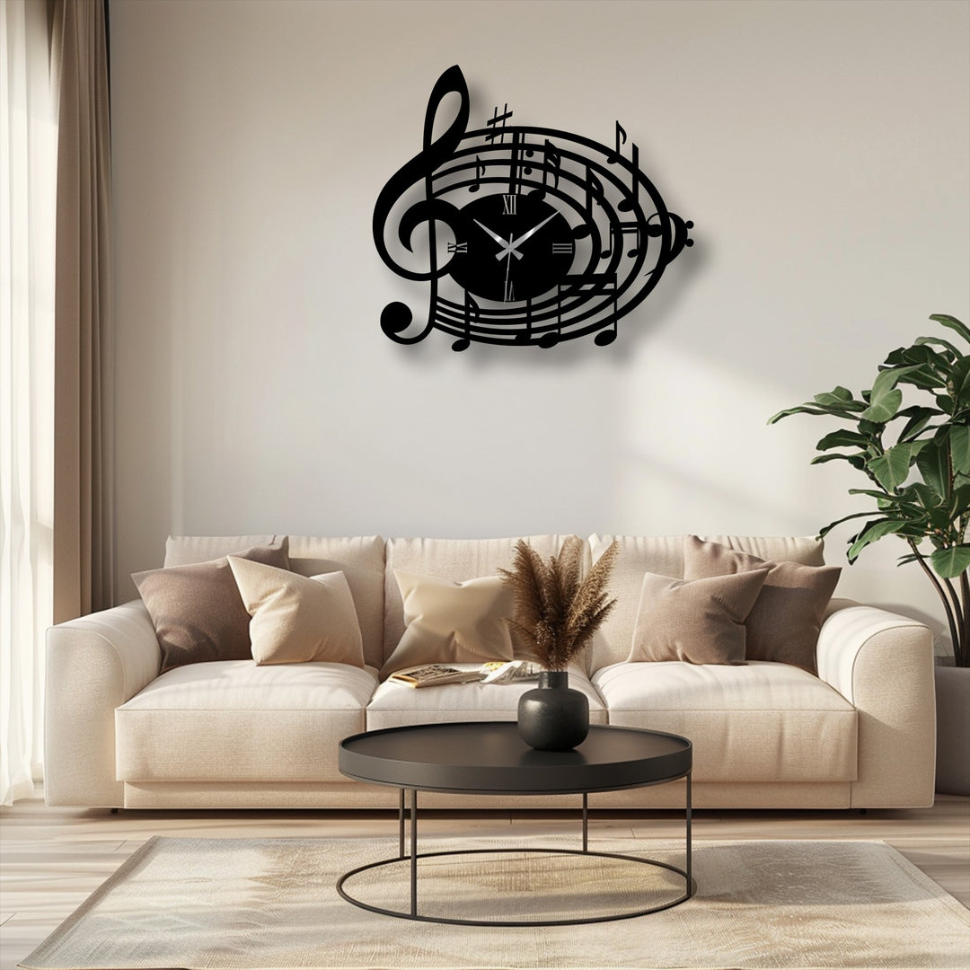 Highlighting the layering effect, this music-themed metal wall decor clock features overlapping notes and a treble clef in a bold design, adding dimension.