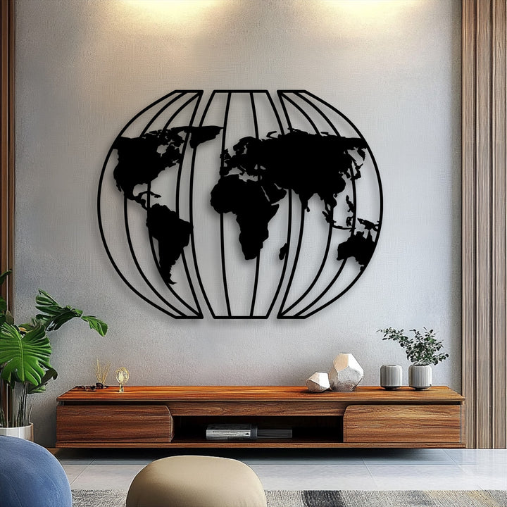 The distinct, segmented black metal borders outline the 3D Globe World Map, a striking piece of metal art for wall.