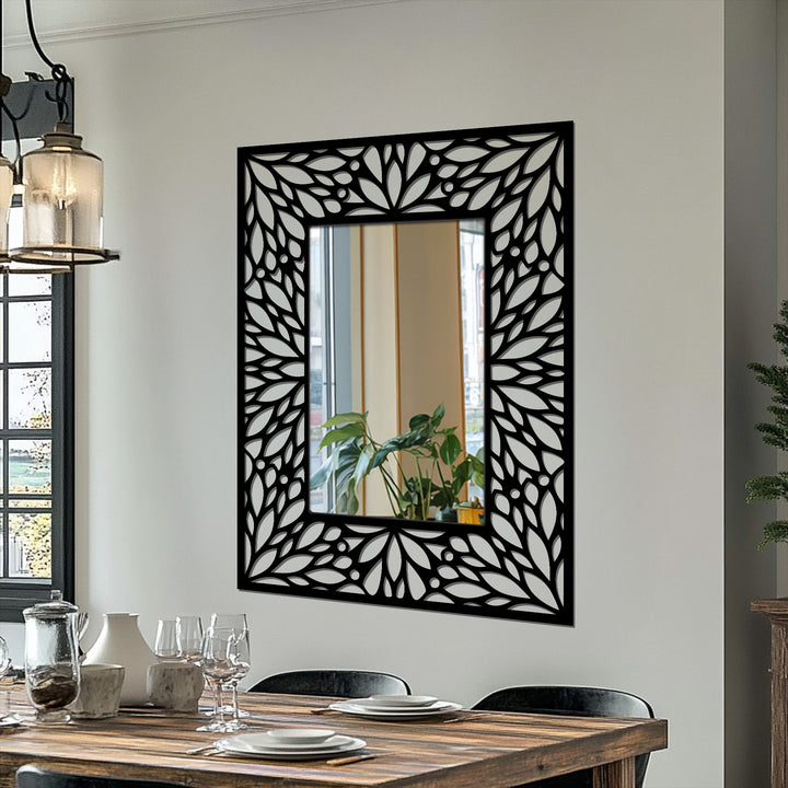 The intricate floral pattern creates a transition between colors, enhancing this elegant decorative frame design and providing a striking piece of metal wall decor.