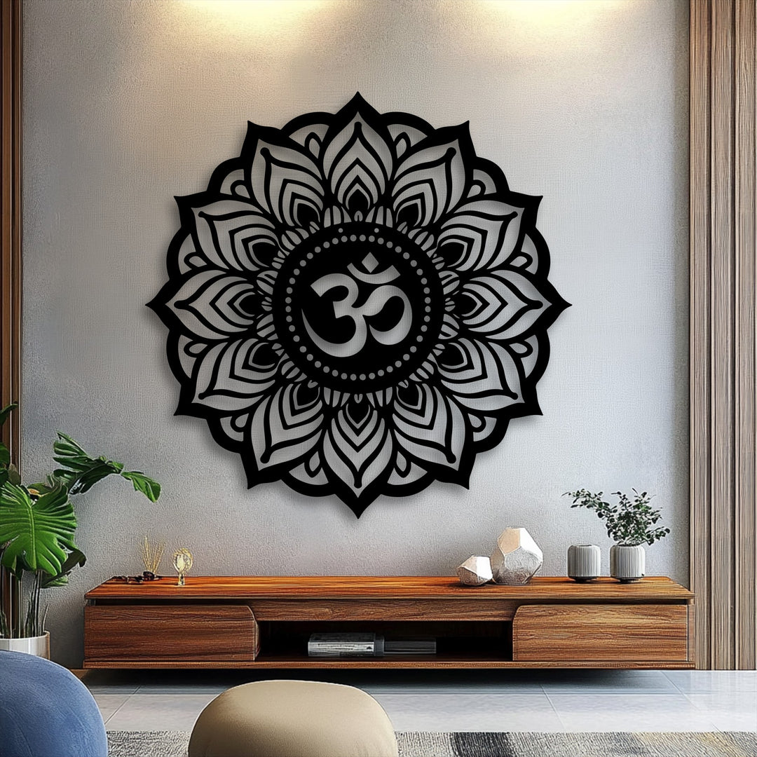 Organic forms of a sacred Om mandala metal artwork with spiritual lotus details, enhancing a serene atmosphere.