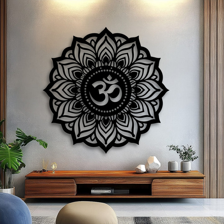 Organic forms of a sacred Om mandala metal artwork with spiritual lotus details, enhancing a serene atmosphere.