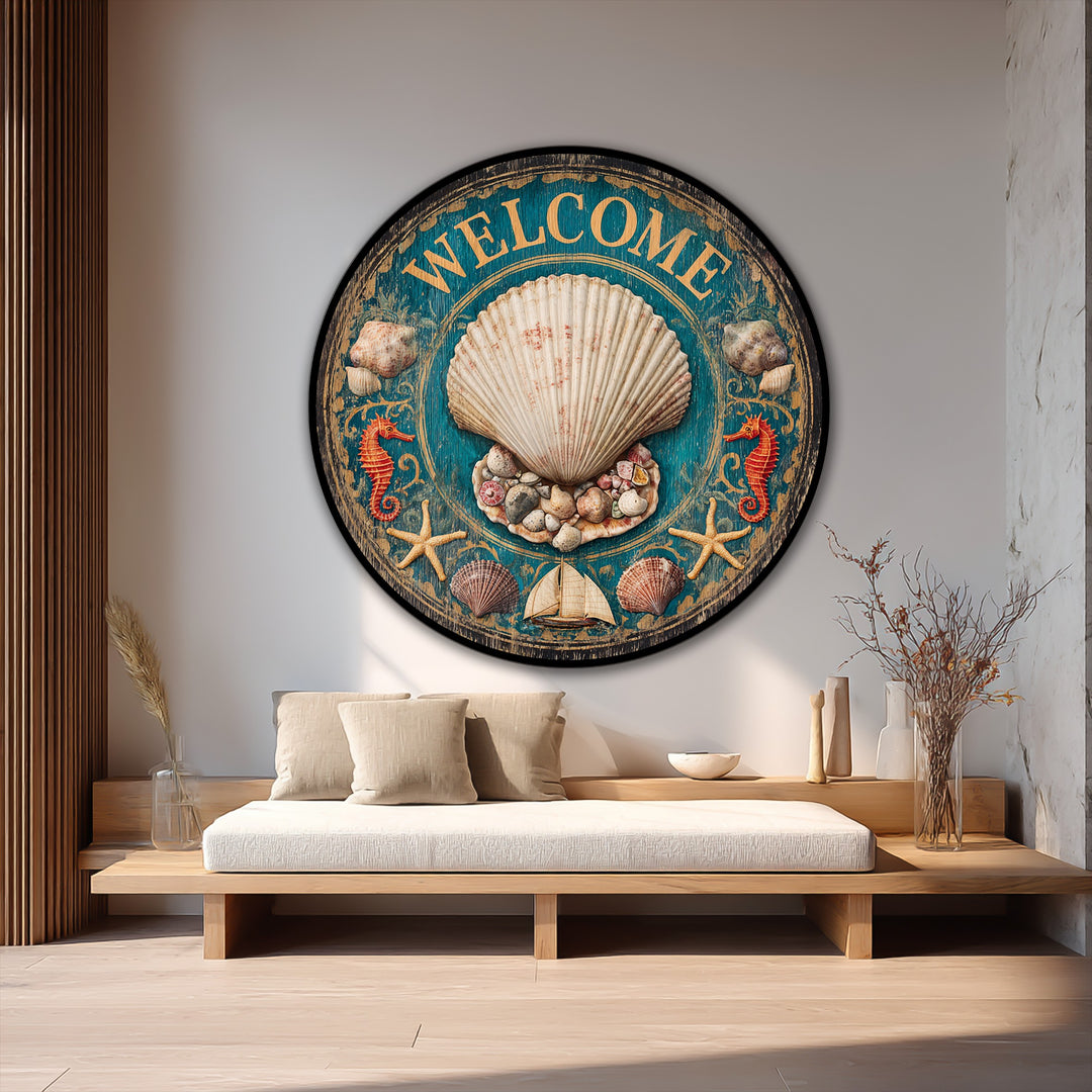 A rhythmic visual pattern highlights the circular coastal welcome shell oil painting art piece, where seahorses, starfish, and seashells create an ocean-inspired, balanced design.