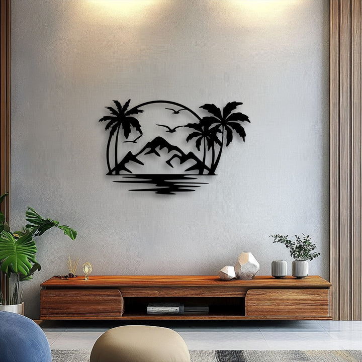The abstract quality of this tropical sunset silhouette metal decoration wall art captures an island paradise scene with palm trees and mountains.
