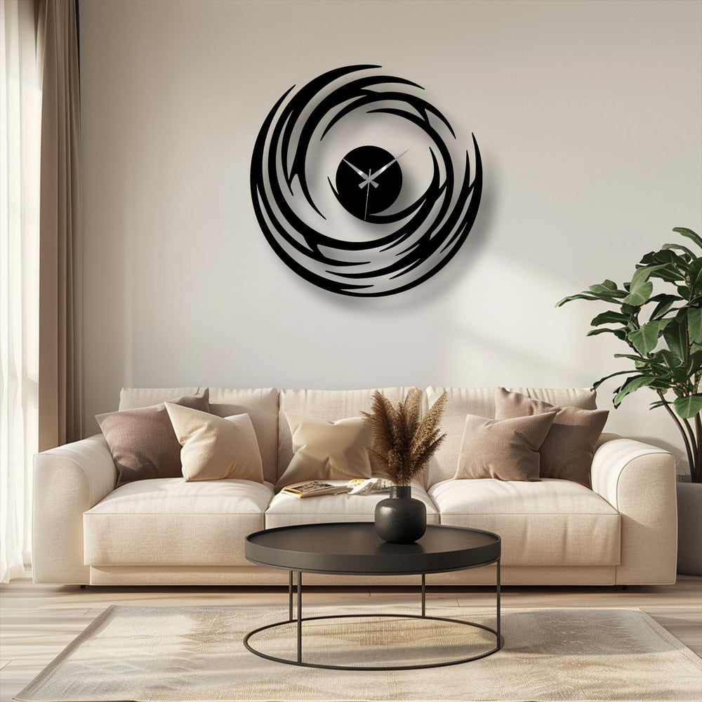 Displayed is a striking abstract spiral metal art for wall, a modern clock featuring a dynamic swirl design, centrally positioned in a stylish room setting.