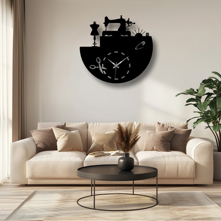Striking color contrast between the dark black decorative metal art of the Sewing Atelier Metal Wall Clock and the bright wall.