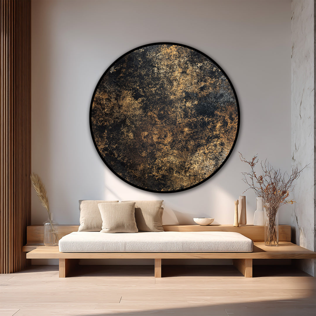 Framed by a textured wall and light wood panelling, the abstract round Midnight Gold Texture oil painting home decor is a stunning focal point.