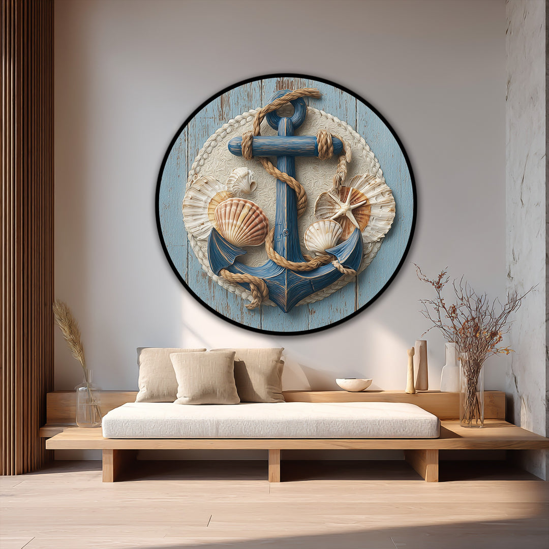The darkest area shows a round coastal oil painting, a striking oil painting reproduction print of a nautical anchor with seashells artfully arranged.