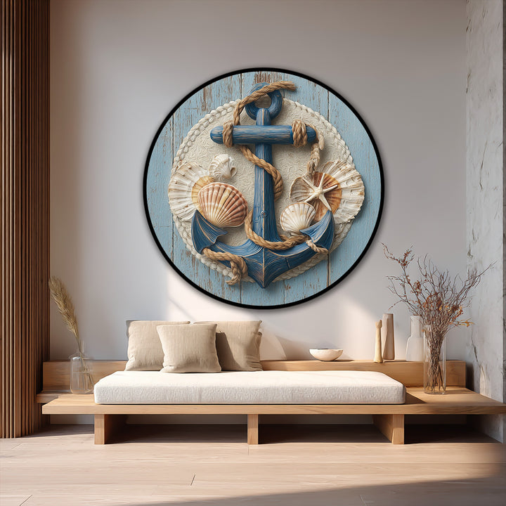 The darkest area shows a round coastal oil painting, a striking oil painting reproduction print of a nautical anchor with seashells artfully arranged.
