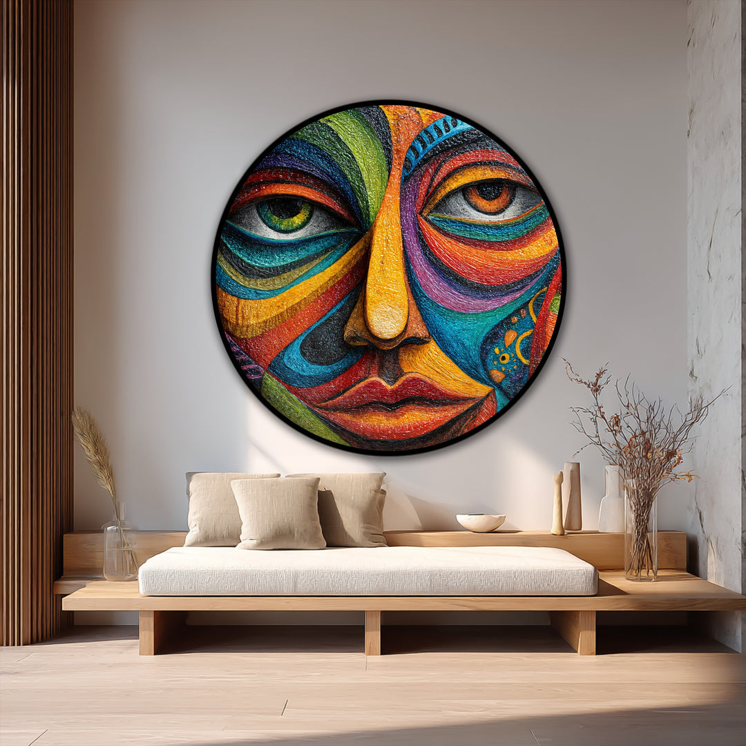 The layering effect showcases vibrant, expressionist brushstrokes in this round oil painting, a colorful mosaic face offering bold oil painting decoration for unique home decoration.