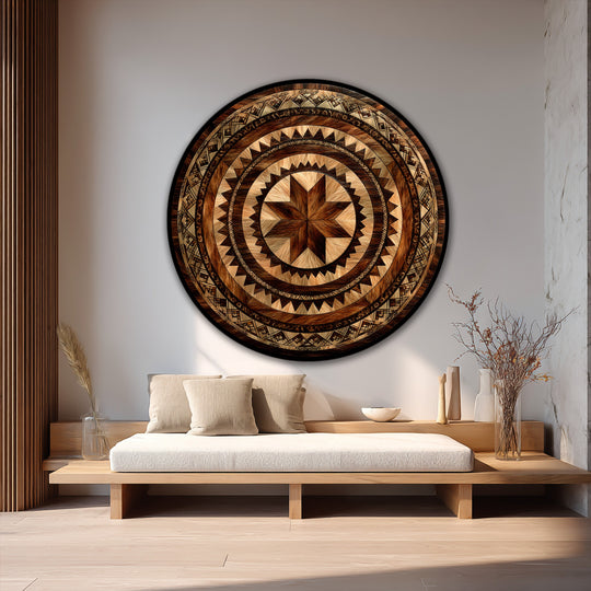Detailed brushstrokes showcase the high-quality textures in this rustic geometric round oil painting art piece, featuring a tribal sunburst mandala design.