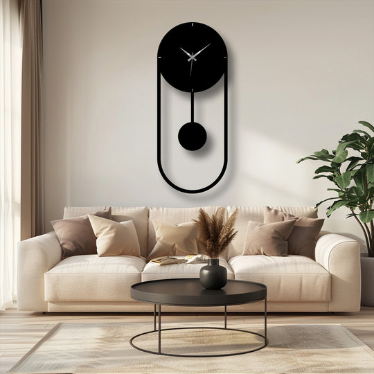 Highlighting the focal point, the minimalist pendulum metal wall clock presents sleek lines and a modern vertical frame, making it a striking piece of decorative metal art.