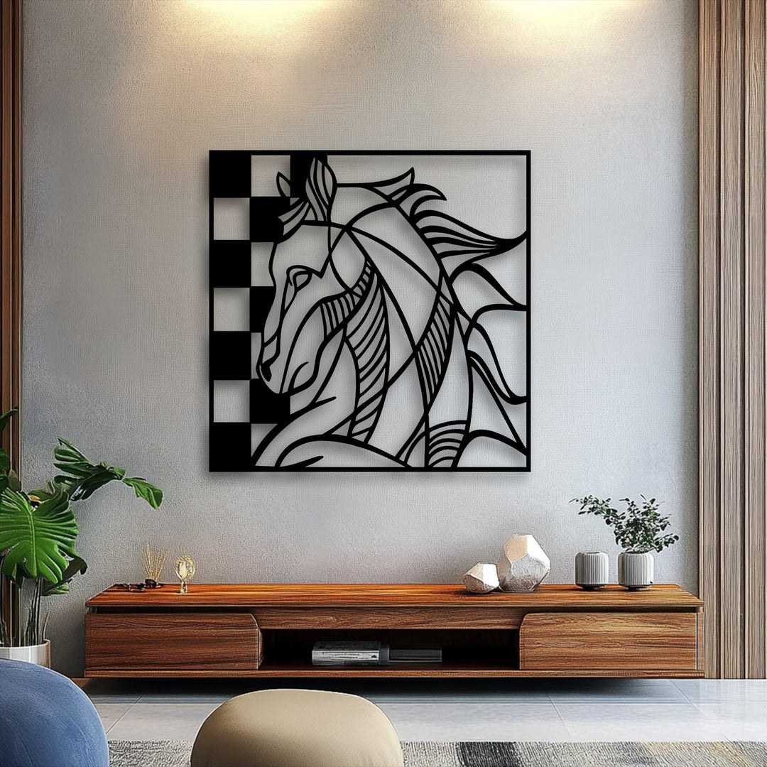 The transition between light and shadow highlights this abstract modern metal artwork, featuring a horse in striking black and white tones.