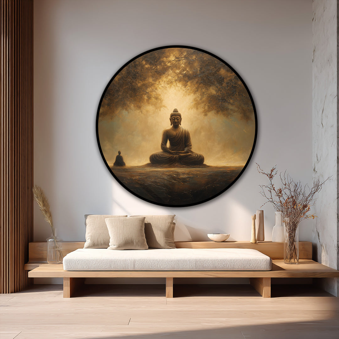 Negative space highlights the Buddha's figure in this round oil painting art piece, a golden, serene image radiating calm and spiritual depth.
