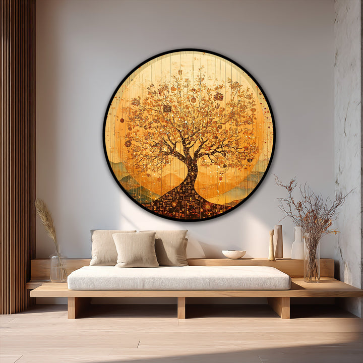 High color contrast highlights the radiant golden hues in this round oil painting wall art, an eternal Tree of Life in a classical style.