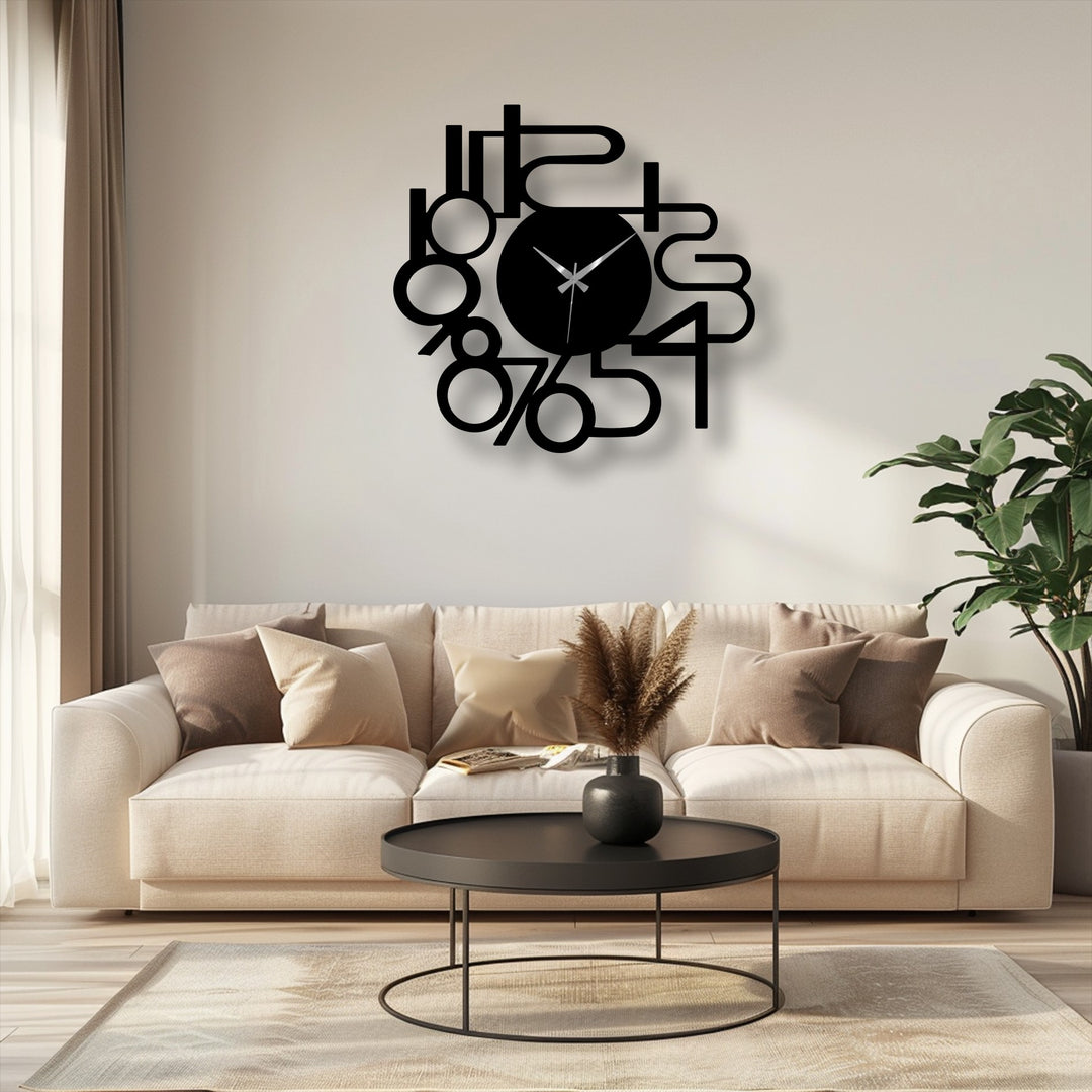 The crisp, clean edges and distinct borders of the abstract numbers metal wall clock enhance its modern metal wall decor appeal.