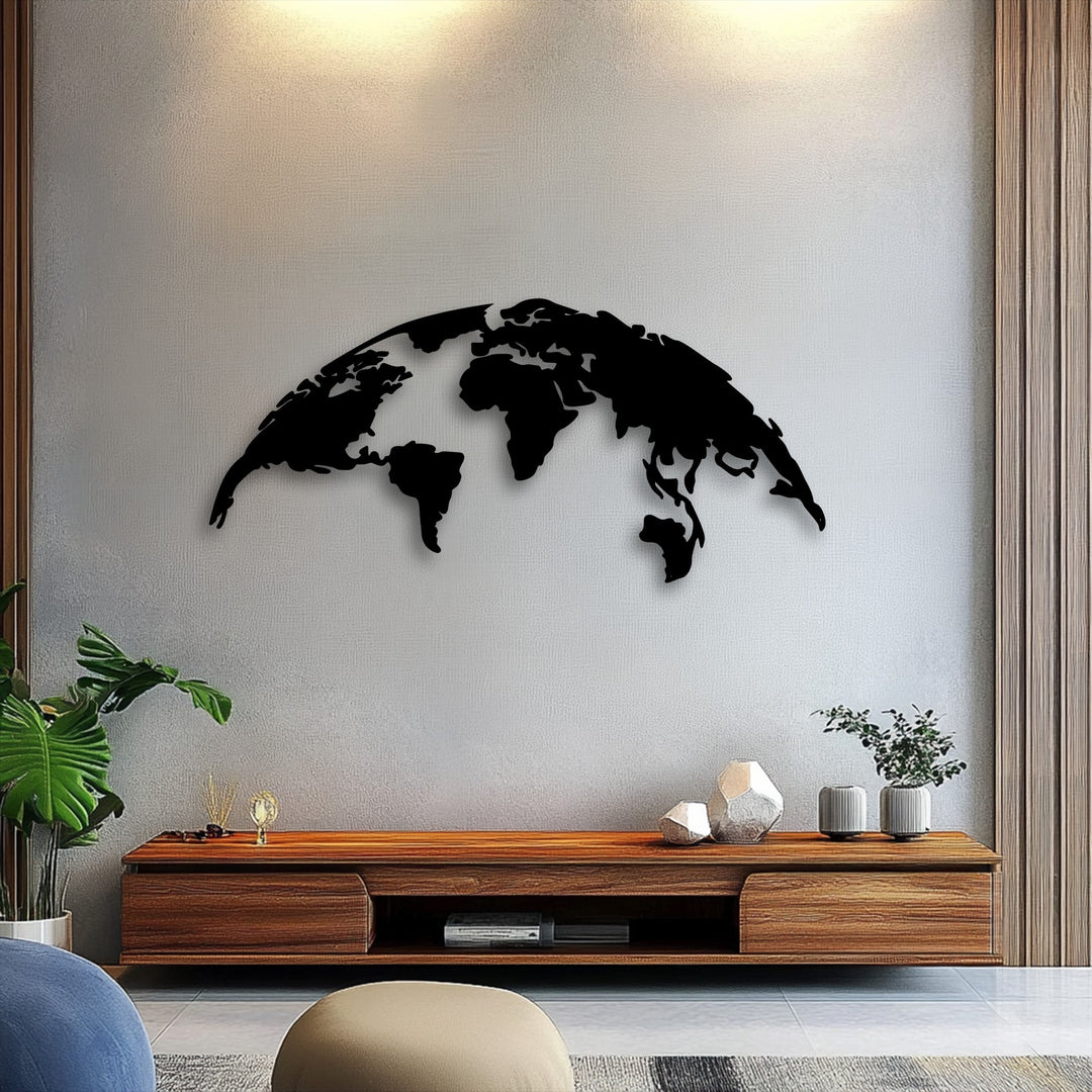 The distinct matte black finish of this decorative metal art world map creates a modern global silhouette for striking wall decor.