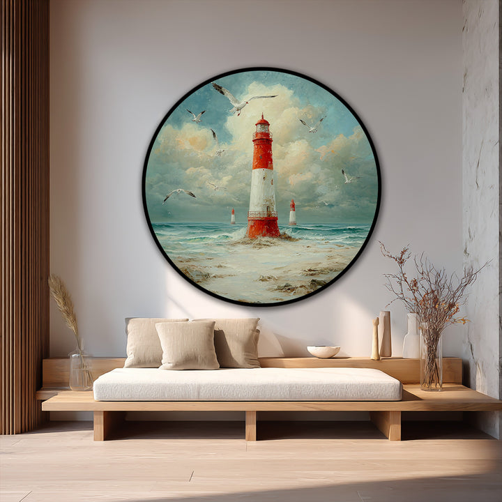Serene mood created by the nautical lighthouse round oil painting art prints, depicting a coastal beacon with seagulls in a tranquil scene.