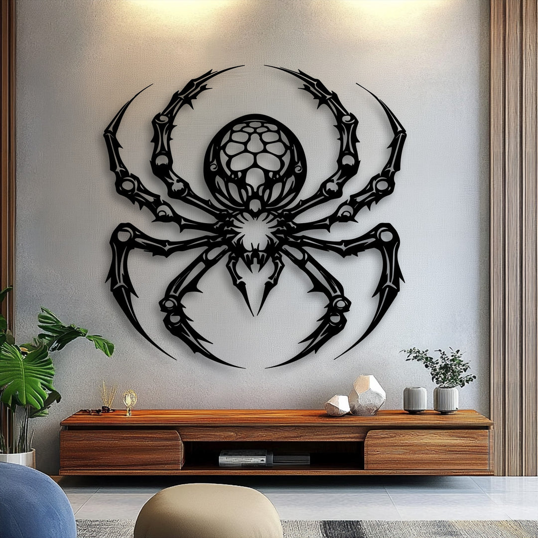 The visual rhythm of this gothic spider metal artwork features intricate patterns, creating a commanding dark presence.