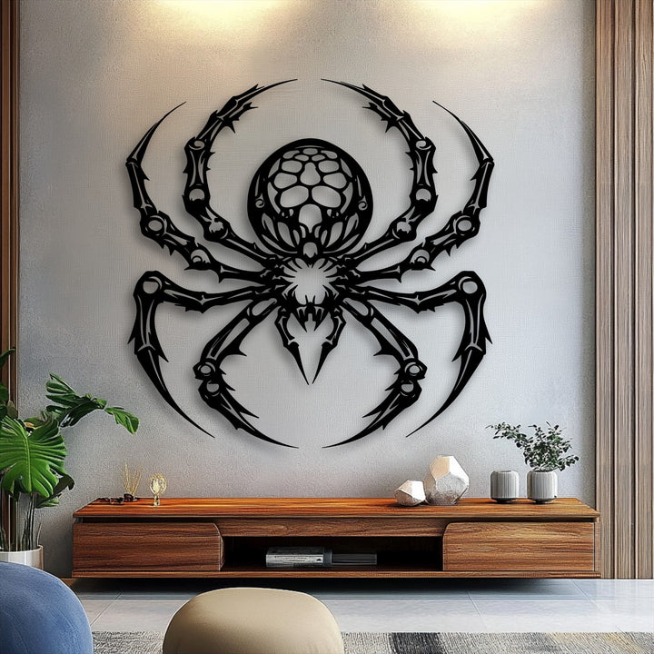 The visual rhythm of this gothic spider metal artwork features intricate patterns, creating a commanding dark presence.