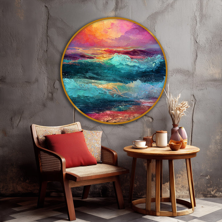 The realistic detail highlights the textured brushstrokes and vibrant colors of the round canvas art depicting vivid sunset waves, enhancing the beauty of this canvas art.