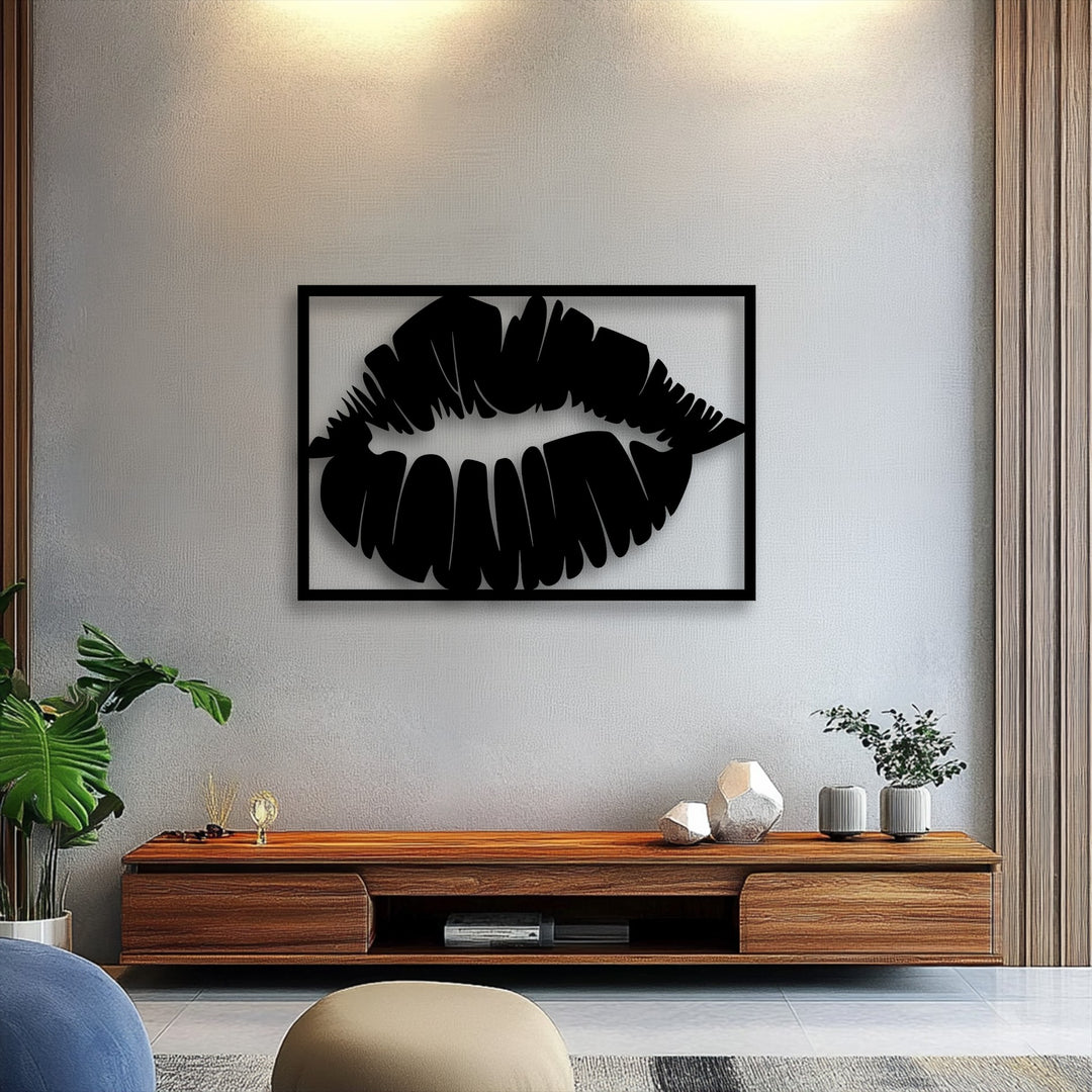 The focal point is a striking black lips metal wall decor, showcasing a bold kiss silhouette elegantly framed.