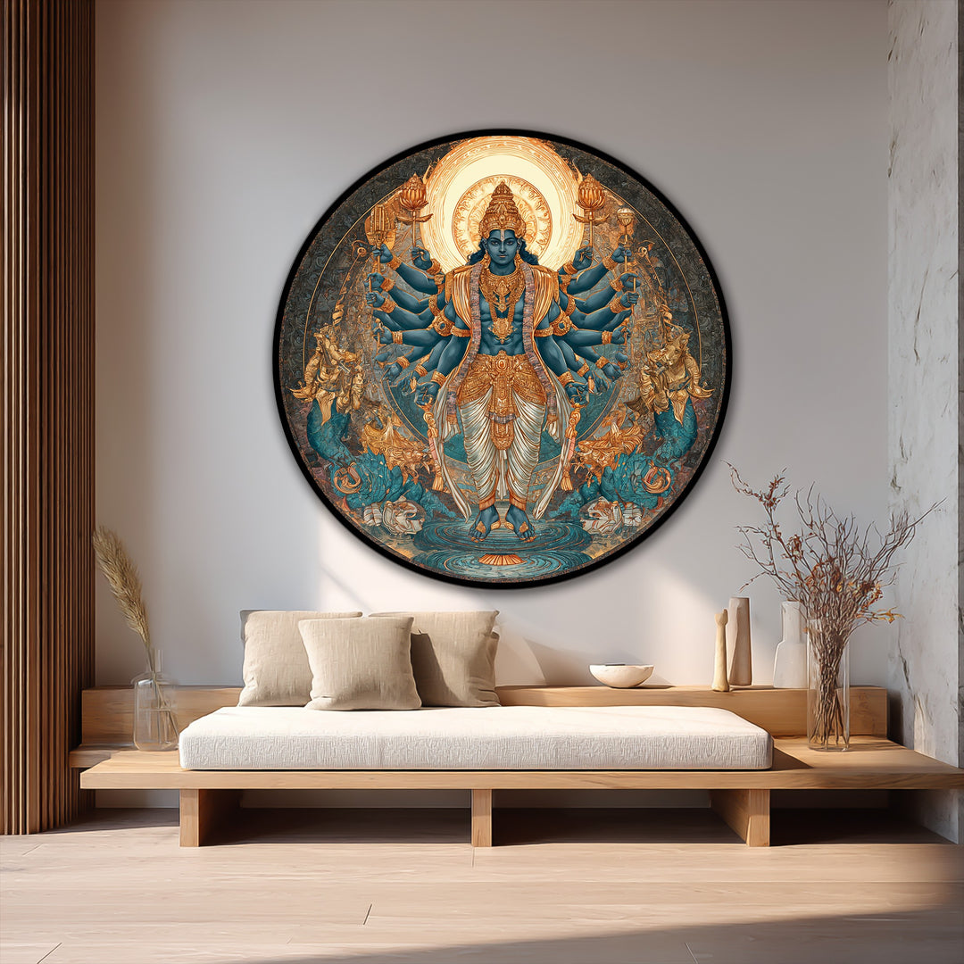 With intense color saturation, this striking round oil painting art prints depicts a multi-armed deity in vivid turquoise and gold tones, bringing divine balance.