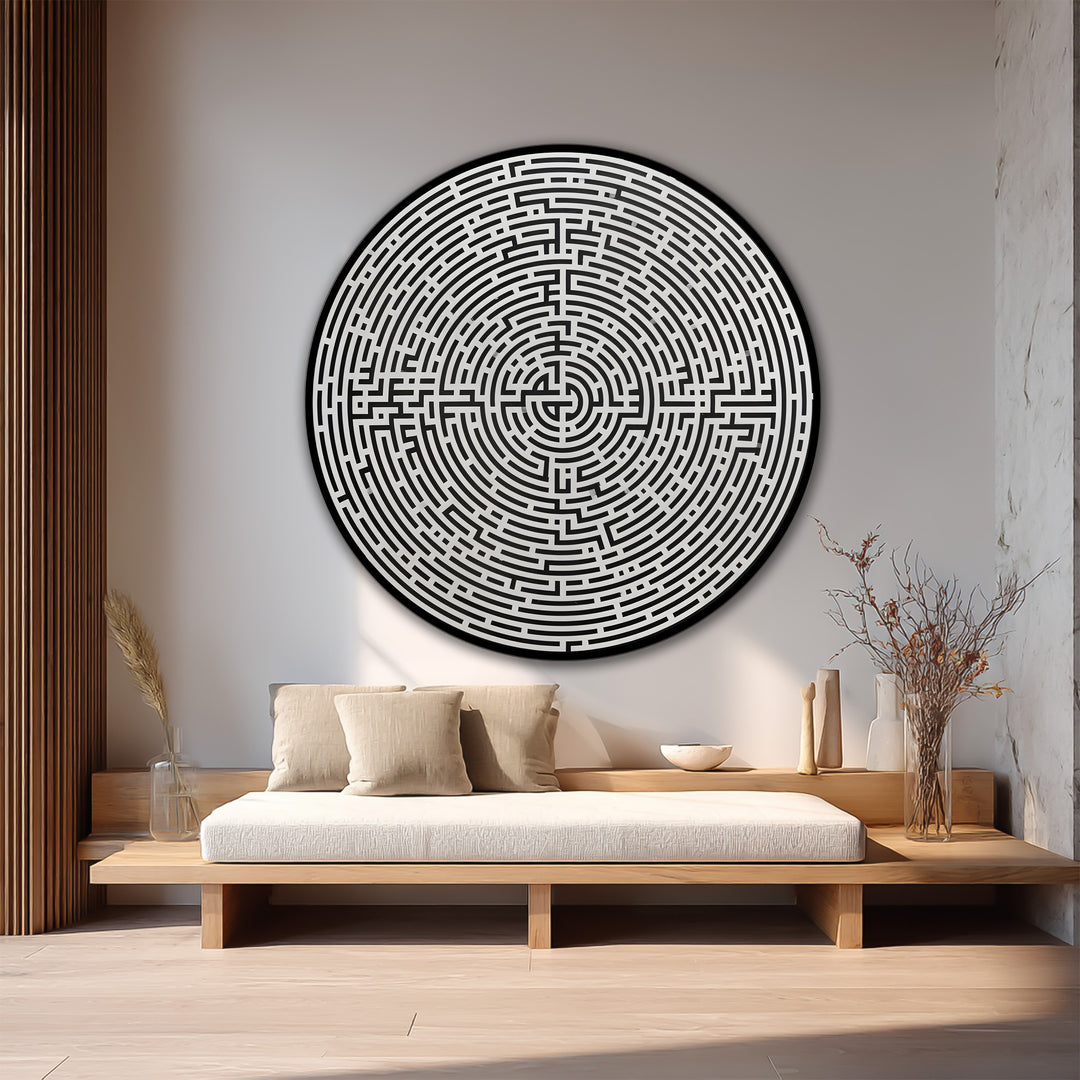 Predominantly white, this round labyrinth design is a minimalist oil painting art piece mounted on wood, creating a striking contrast with its black details.