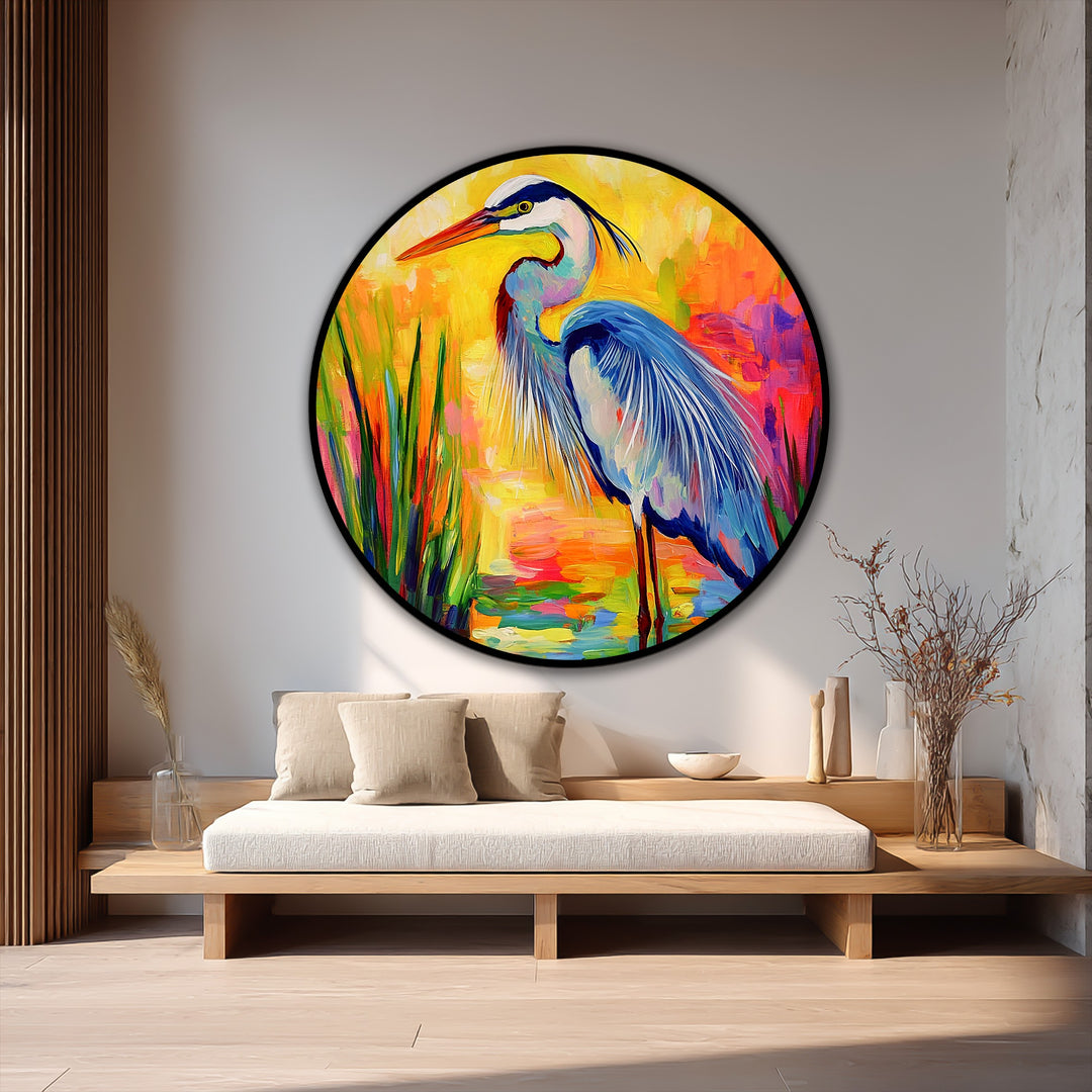 Showcasing the layering effect through the vibrant brushstrokes of this round radiant marsh oil painting home decor depicting a colorful heron amidst reeds.
