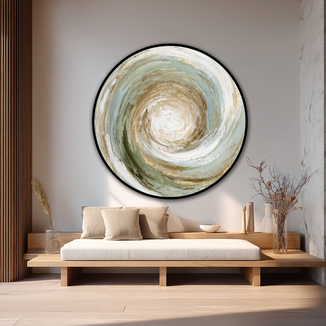 The image features subdued color saturation in an earth-toned spiral design, showcasing the nuanced blending of hues in this abstract round oil painting wall art.