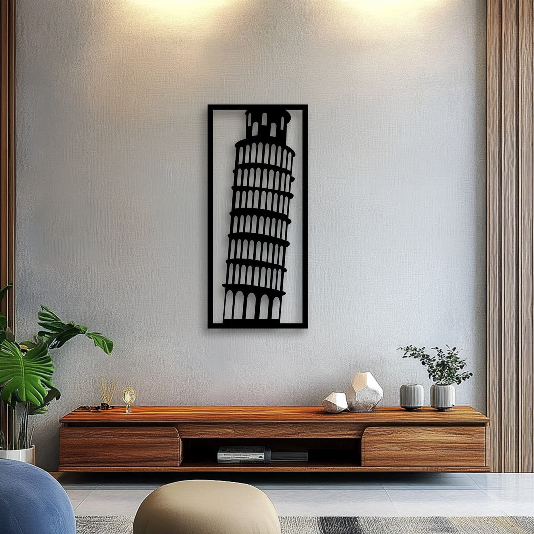 Organic forms, from the flowing plant to the elegant silhouette of the Leaning Tower of Pisa metal art for wall, enhance the modern space.