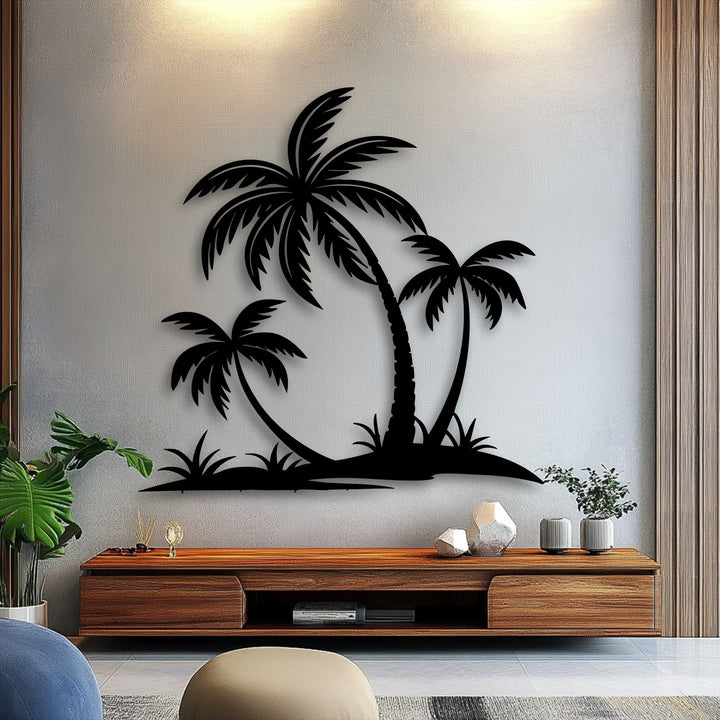 The brightly illuminated textured wall highlights the striking Tropical Palm Tree Silhouette metal artwork, casting subtle shadows.