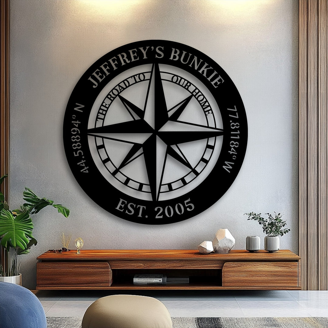 Showcasing a compelling layering effect, this personalized decorative metal art compass floats, casting shadows that add significant depth to the wall decor.