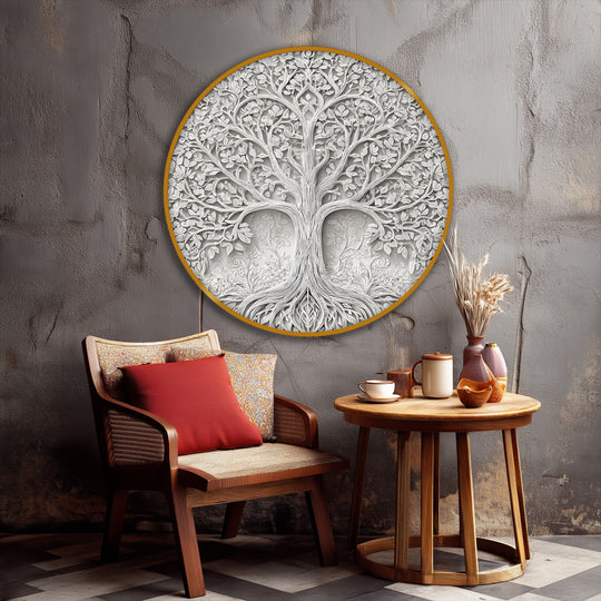 With warm undertones, the elegant tree of life relief is a botanical canvas art prints piece casting a soft glow that highlights the depth on the canvas wall art.