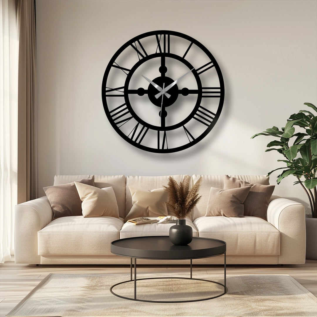 The stillness of the room is captured by the industrial Roman numeral metal wall clock, an elegant piece of decoration wall art suspended over a calm, inviting living space.