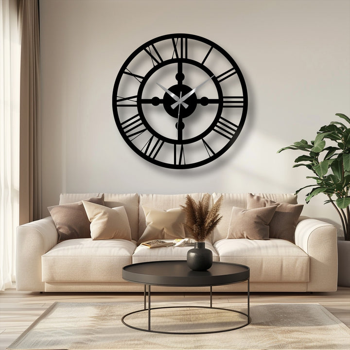 The stillness of the room is captured by the industrial Roman numeral metal wall clock, an elegant piece of decoration wall art suspended over a calm, inviting living space.