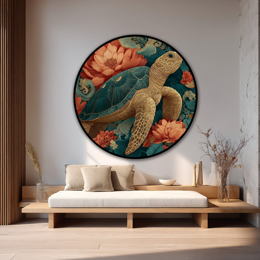 Golden Sea Turtle Among Coral Flowers Round Oil Painting on Wood