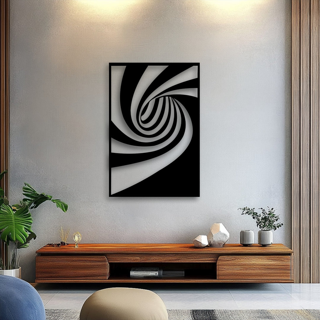 The smooth transition between the bold black and stark white shades creates a captivating abstract spiral metal wall decor piece with a geometric twist.