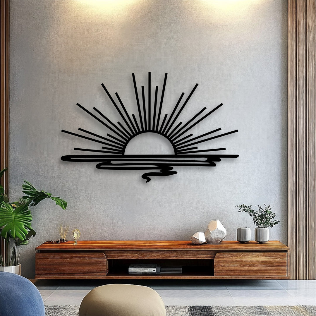 Subtly saturated, this minimalist sunrise metal decoration wall art features sleek radiant beams against a textured neutral wall above a wooden console.