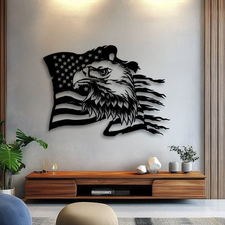The sleek black matte finish of this patriotic metal wall decor, featuring a bold eagle and American flag, creates a striking silhouette.