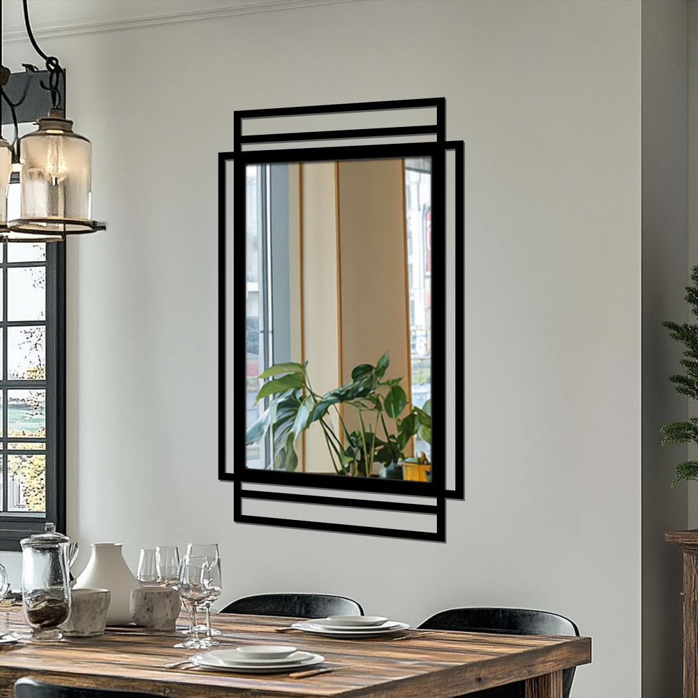 Featuring the loudest element, this geometric rectangular floor mirror presents a modern decorative mirror with its minimal black lines and layered metal frame design.