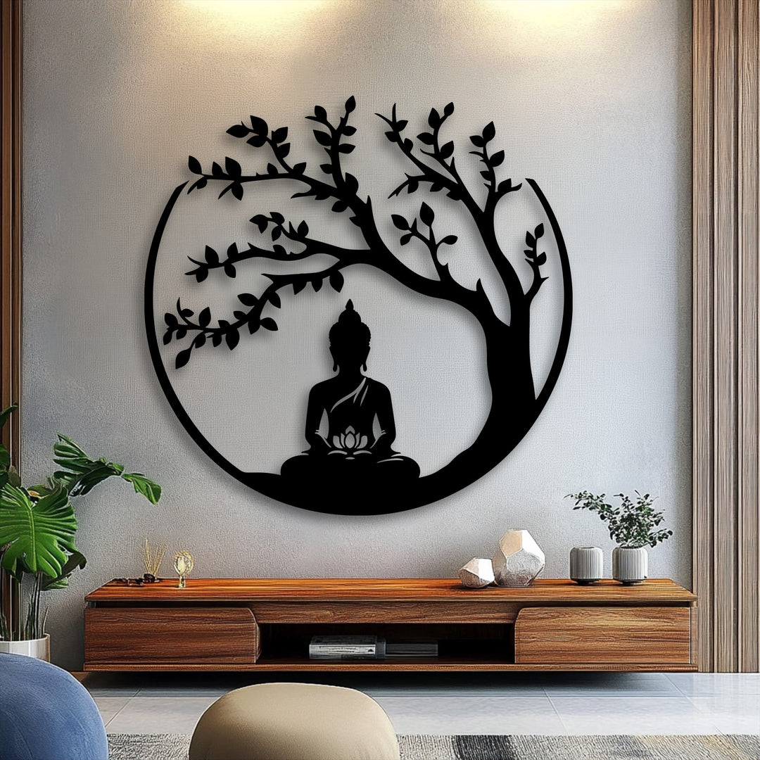Negative space defines the Zen Buddha under a tree in this circular metal artwork, creating a balanced and captivating metal artwork.