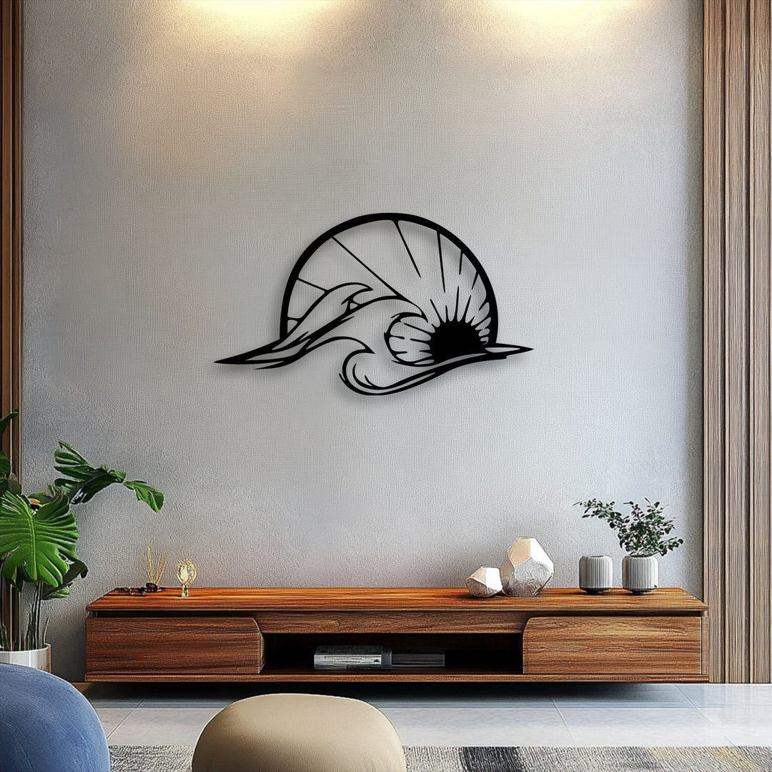 The subtle fine-grained surface texture of the wall highlights the smooth, dark decorative metal art of an ocean wave and dolphin.