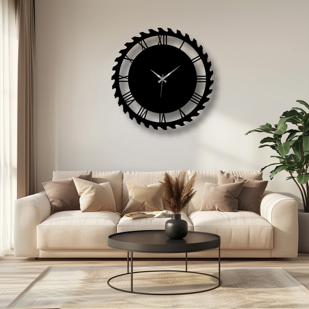 Creamy white dominant hues highlight a distinctive industrial gear-style metal wall clock, forming a striking piece of metal wall decor.
