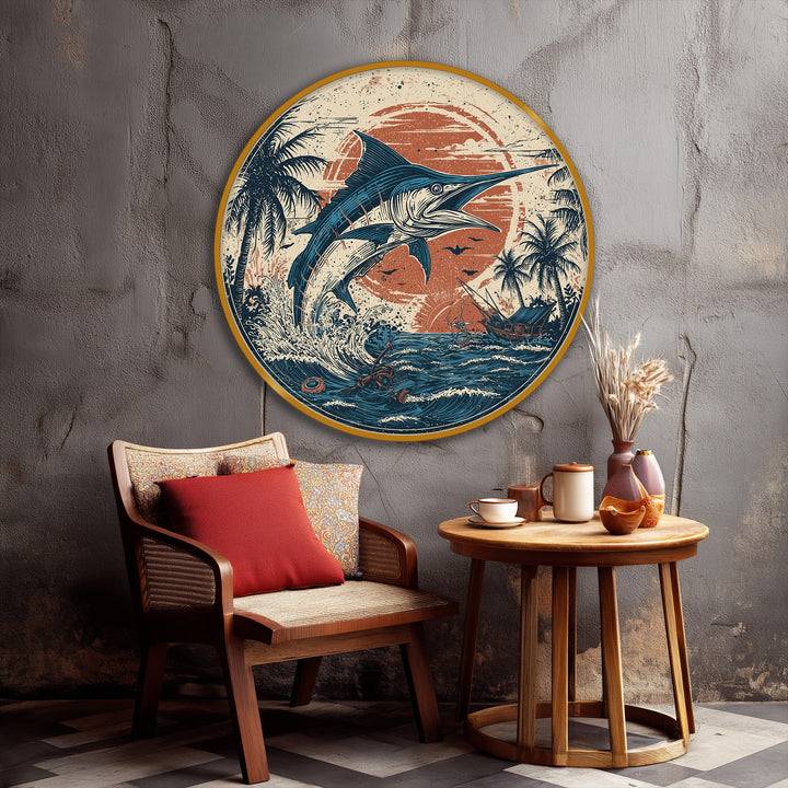 The stillness of the marlin's leap is captured in this vintage-style round canvas print, a framed canvas showcasing coastal retro wall art with a calming ocean scene.