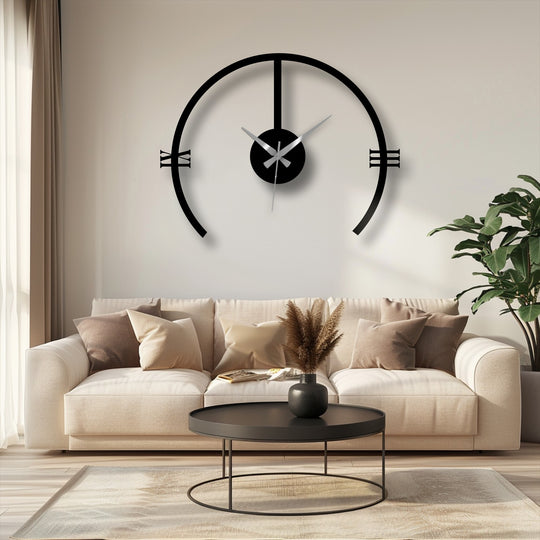Smooth surface texture emphasizes the minimalist design of the modern arch metal wall clock, a unique metal wall art piece.