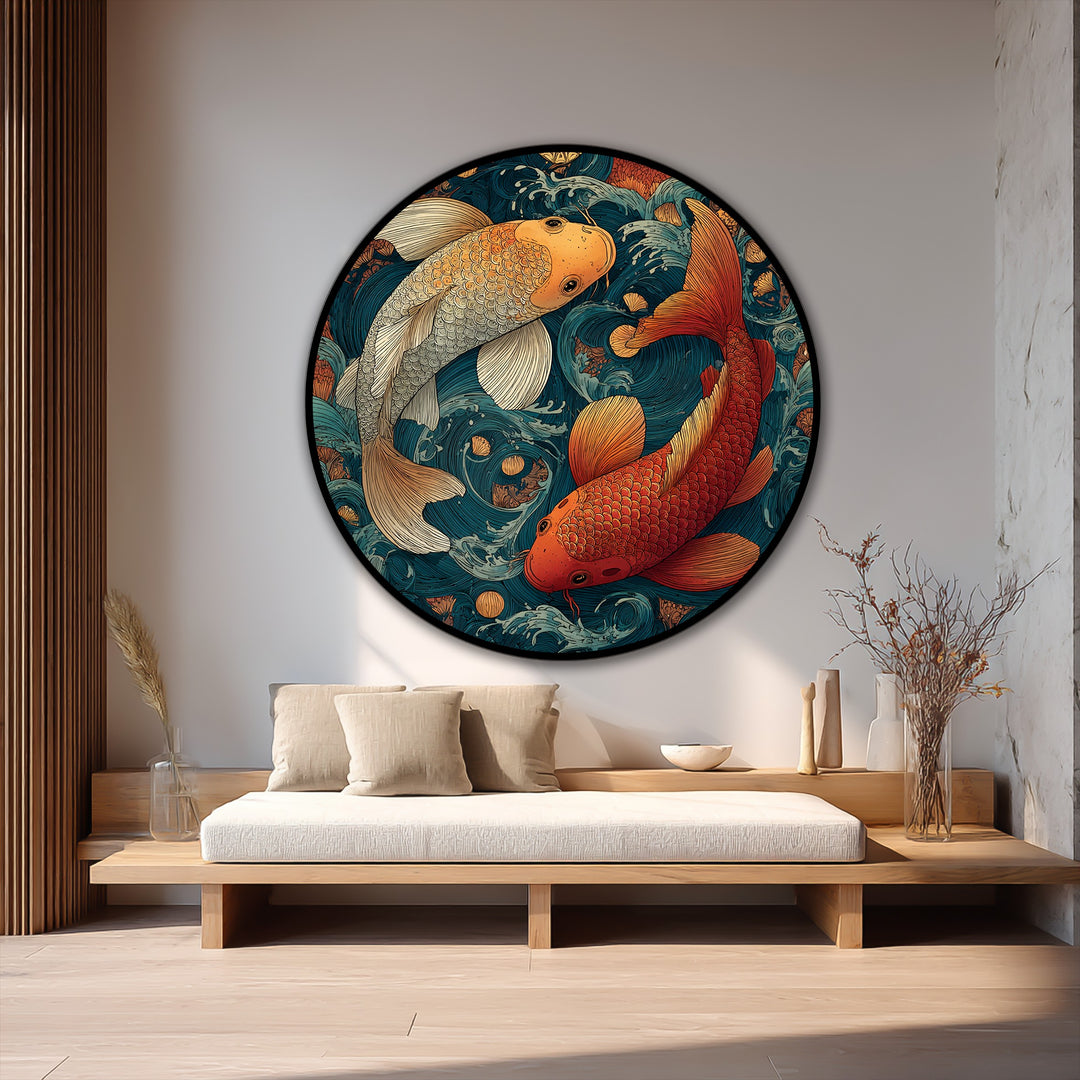 red and gold koi round painting