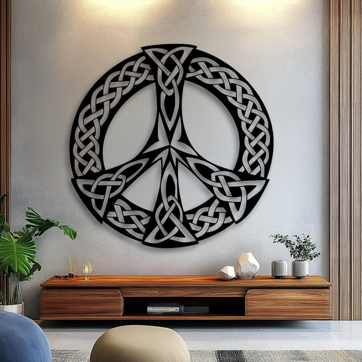 Plush beige seating and a textured rug soften the foreground beneath the intricate Celtic Knot Peace Symbol metal art for wall.