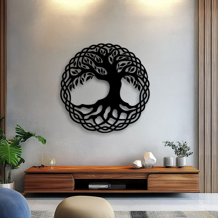 The serene ambiance emanates from the intricate Celtic Tree of Life metal wall decor, grounding the modern living space.